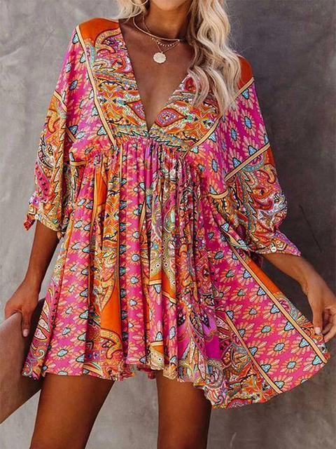 Multicolour V Neck 3/4 Sleeve Bohemian Mini Dress