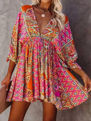 Multicolour V Neck 3/4 Sleeve Bohemian Mini Dress