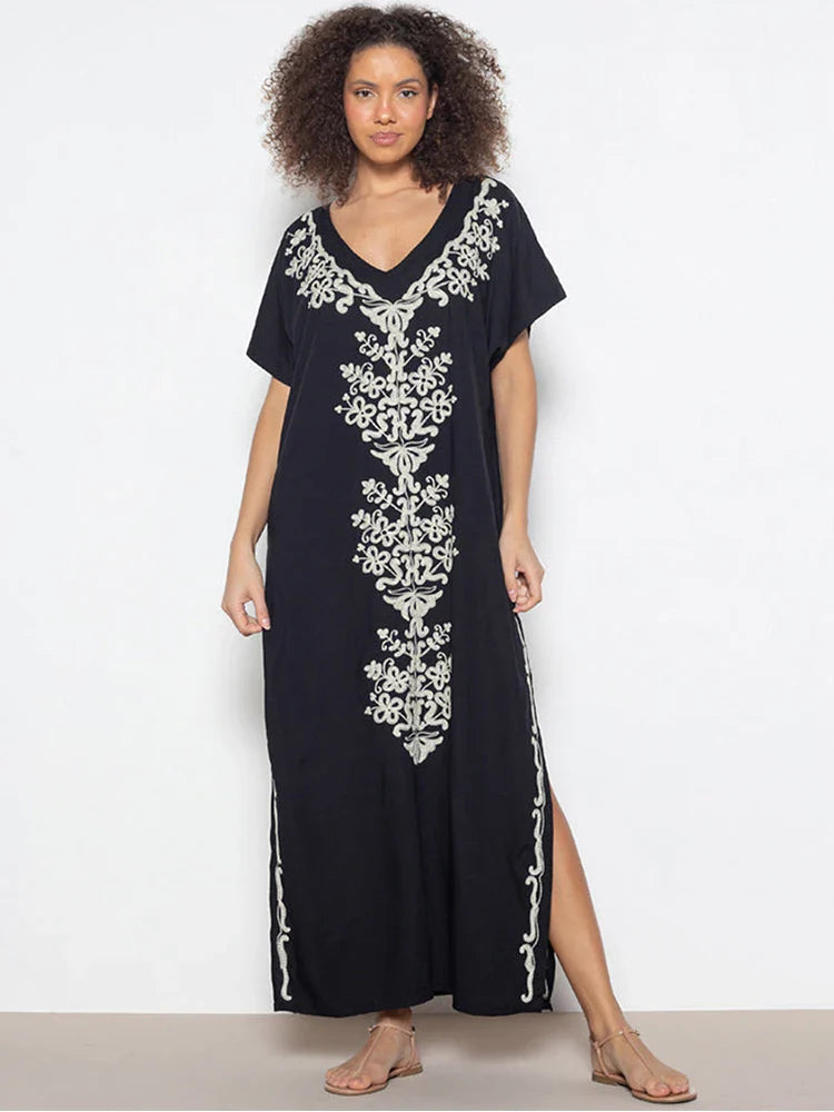 Boho Maxi Dress - Beach Dress, Kaftan Dress Vintage Embroidered in Myla Navy White and Black