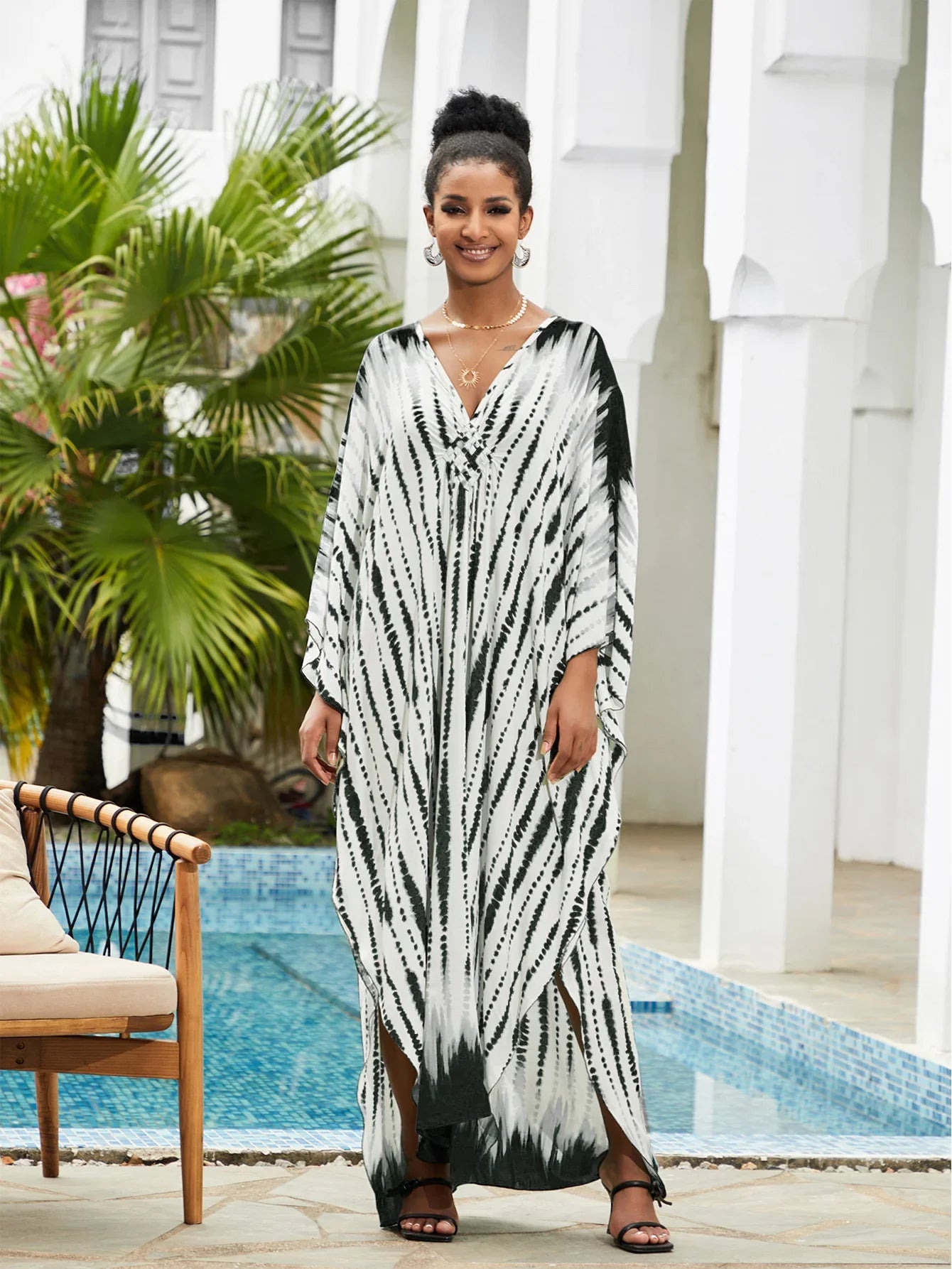 Boho Maxi Dress - Beach Dress, Kaftan Dress Vintage Embroidered in Danica Tie Dye Black