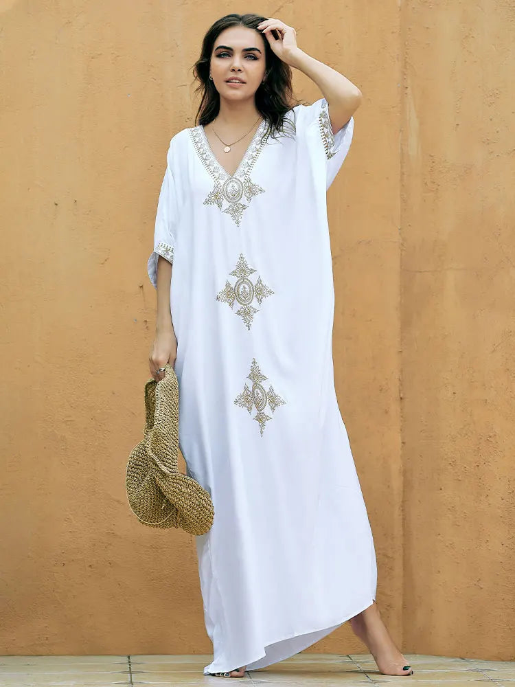 Boho Maxi Dress - Beach Dress, Kaftan Dress Vintage Embroidered in Liliana Navy