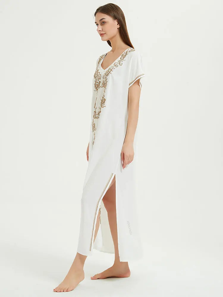 Boho Maxi Dress - Beach Dress, Kaftan Dress Vintage Embroidered in Myla Navy White and Black