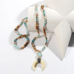 Boho Necklace - RH Precious Green Lava Blue Oval Stones