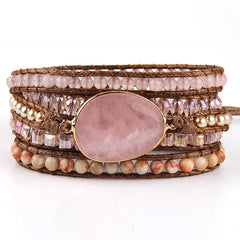 Boho Bracelet - RH 5-Layer Leather Wrap with Oval Pink Natural Stones