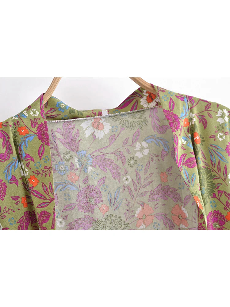 Boho Kimono Robe - Beach Cover-up in Riley Green Pine