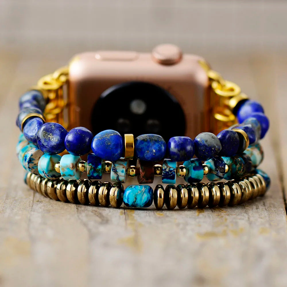 Boho Apple Watch Band - Gold Lapis Jaspers Beads Wrist Stretch Bracelet