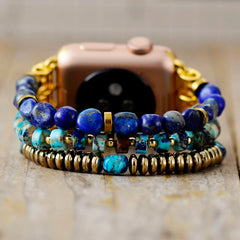 Boho Apple Watch Band - Gold Lapis Jaspers Beads Wrist Stretch Bracelet