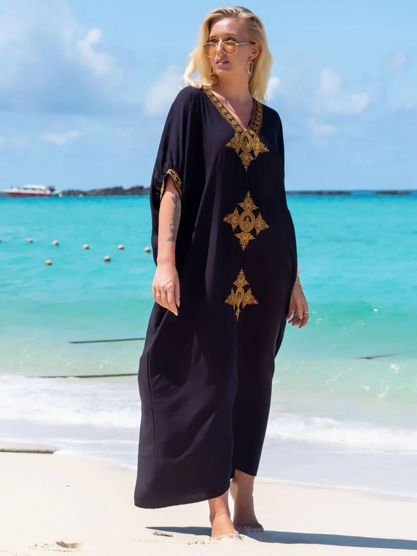 Boho Maxi Dress - Beach Dress, Kaftan Dress Vintage Embroidered in Liliana Navy