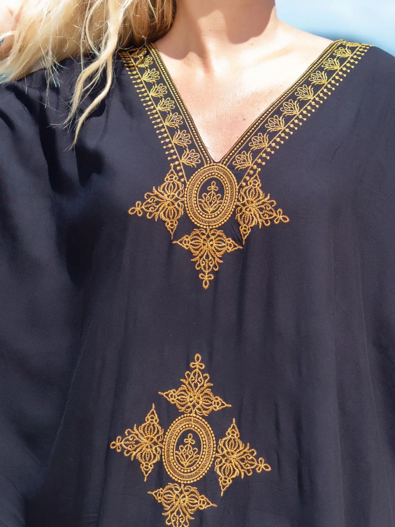 Boho Maxi Dress - Beach Dress, Kaftan Dress Vintage Embroidered in Liliana Navy