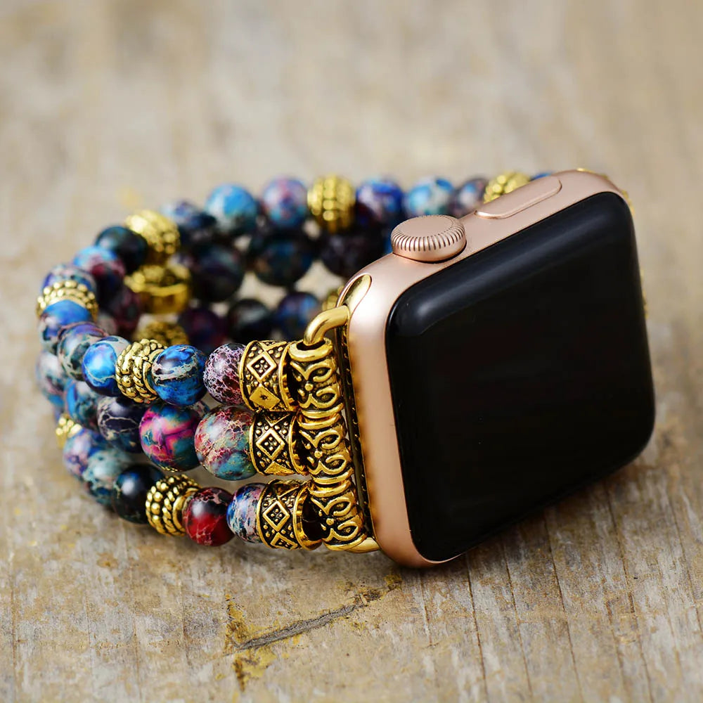 Boho Apple Watch Band - Silver Gothic Purple Jaspers Beads Wrist Stretch Bracelet