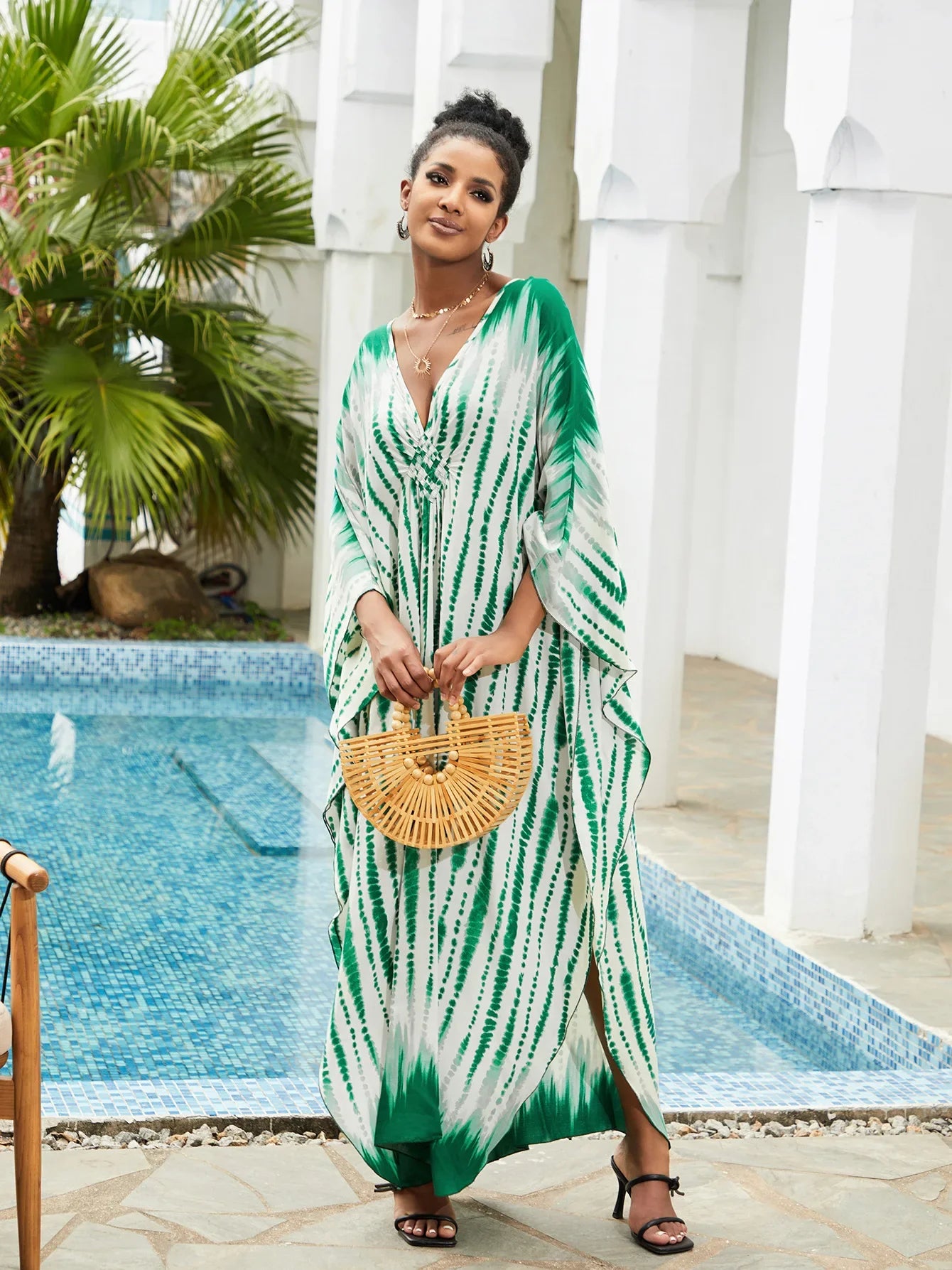 Boho Maxi Dress - Beach Dress, Kaftan Dress Vintage Embroidered in Danica Tie Dye Green