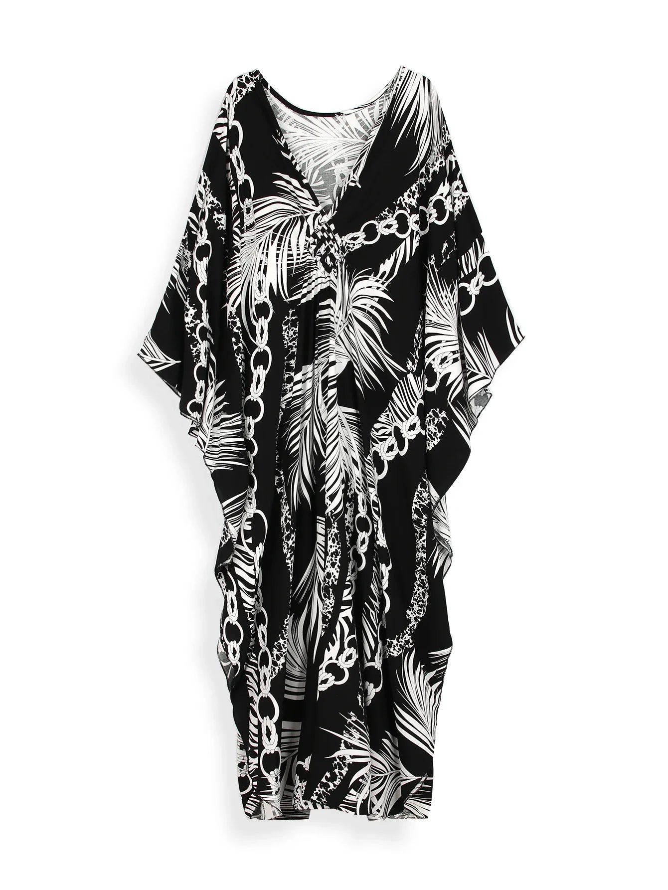 Boho Maxi Dress - Beach Dress, Kaftan Dress Vintage Embroidered in Danica Black Leaf