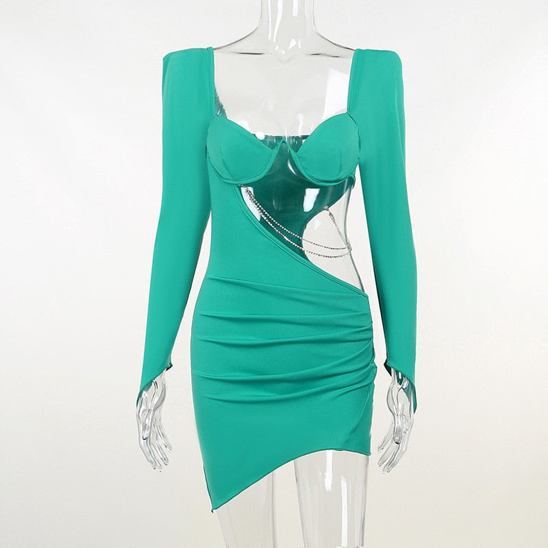 Boho Camis Dress, Party Bodycon Boho Mini Dress, Diamond Chain Hollow Out, Remy in Green and Black