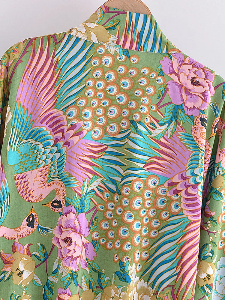Boho Kimono Robe - Beach Cover-up in Peacock Green Gold