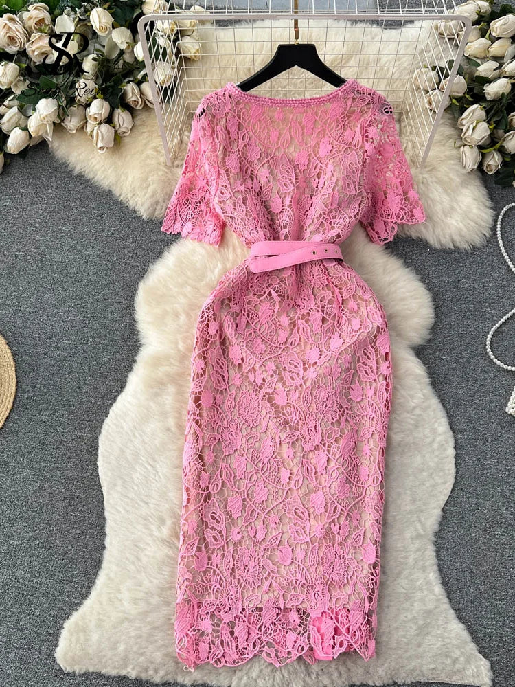 Vintage Boho Midi Dress - Pink Fusia | Embroidered Lace Bohemian Style Dress