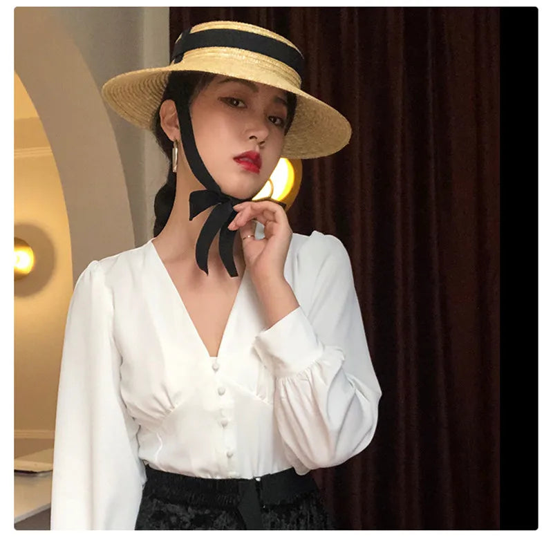Boho Hat - Wide Brim Straw Sun Hat with Vintage Style Amy Black Ribbon