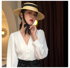 Boho Hat - Wide Brim Straw Sun Hat with Vintage Style Amy Black Ribbon