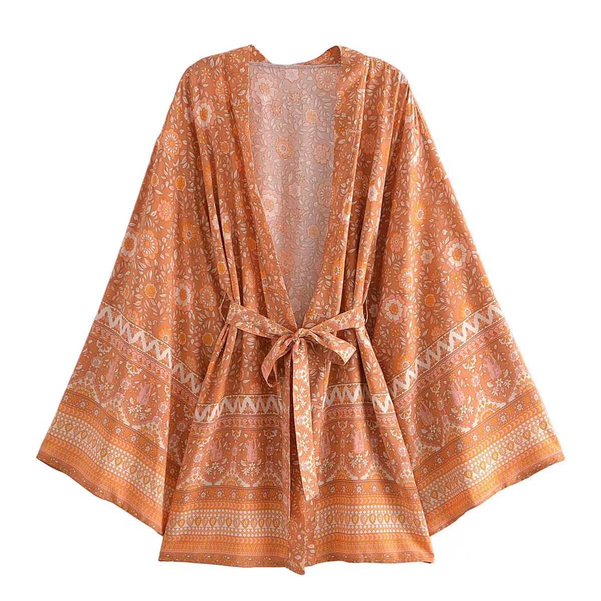 Boho Robe, Kimono Robe,  Beach Cover up, Short Robe, Amaryllis in Pink and Orange