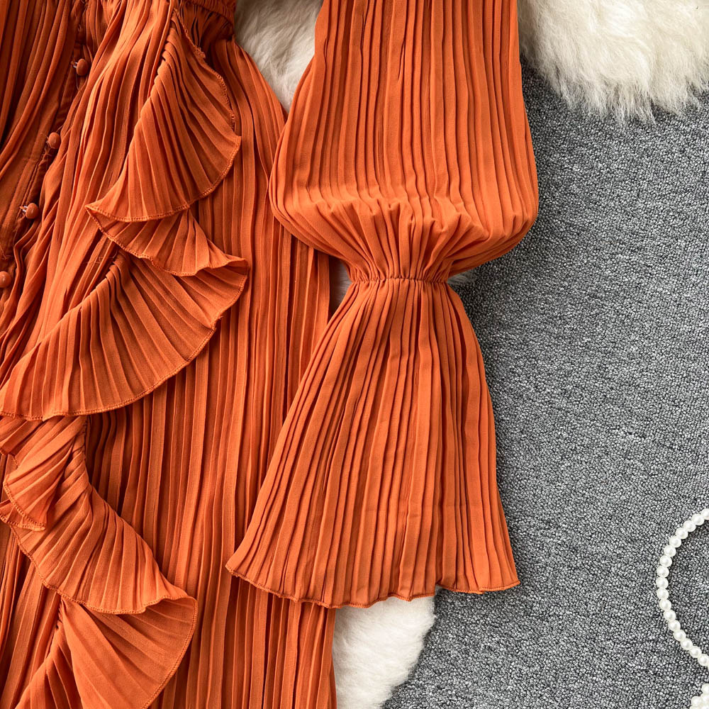Maxi Dress, Boho Vintage Pleated Dress, Josephine Gown in Blue, Yellow, Orange and Pink