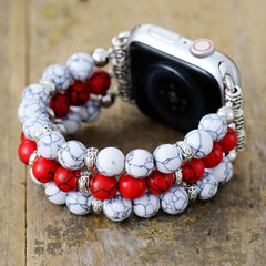Boho Apple Watch Band - Silver White Red Jaspers Beads Wrist Strech Bracelet