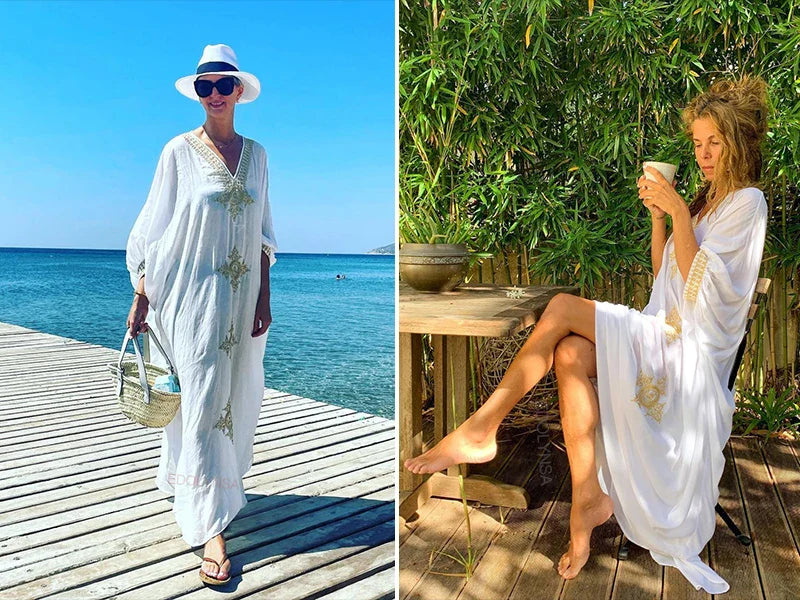 Boho Maxi Dress - Beach Dress, Kaftan Dress Vintage Embroidered in Liliana Navy