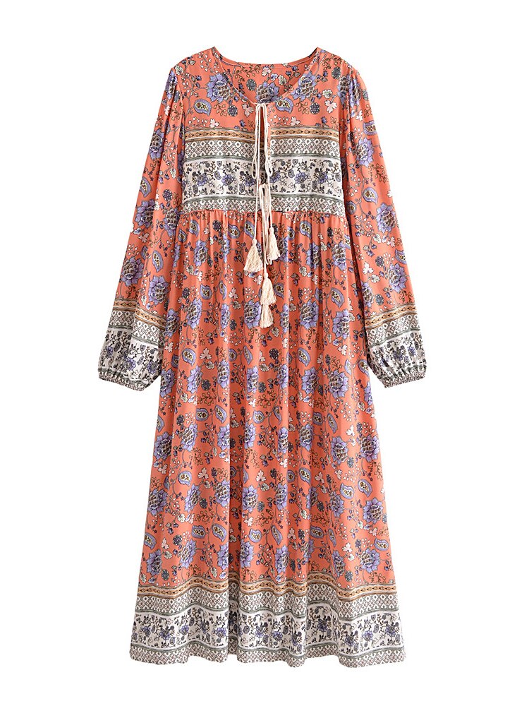 Gown Dress, Boho Maxi Dress, Loose Dress, Blue and Pink Calla