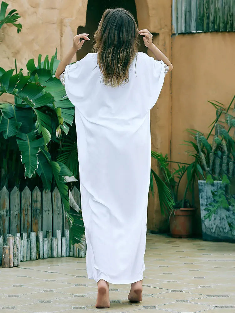 Boho Maxi Dress - Beach Dress, Kaftan Dress Vintage Embroidered in Liliana Navy