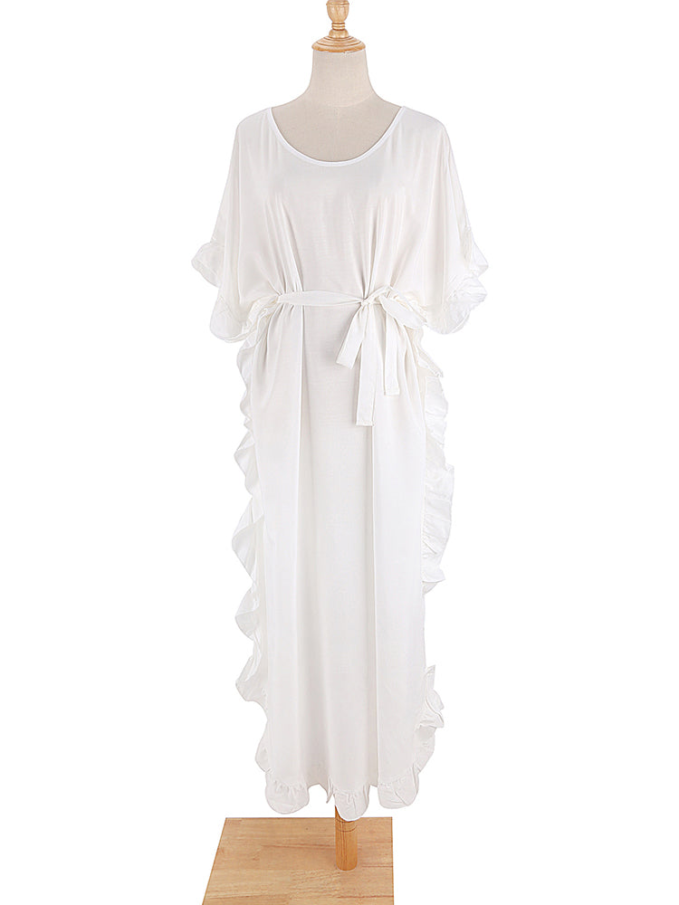 Boho Maxi Dress, Beach Dress,Kaftan Ruffle Dress, Wren White
