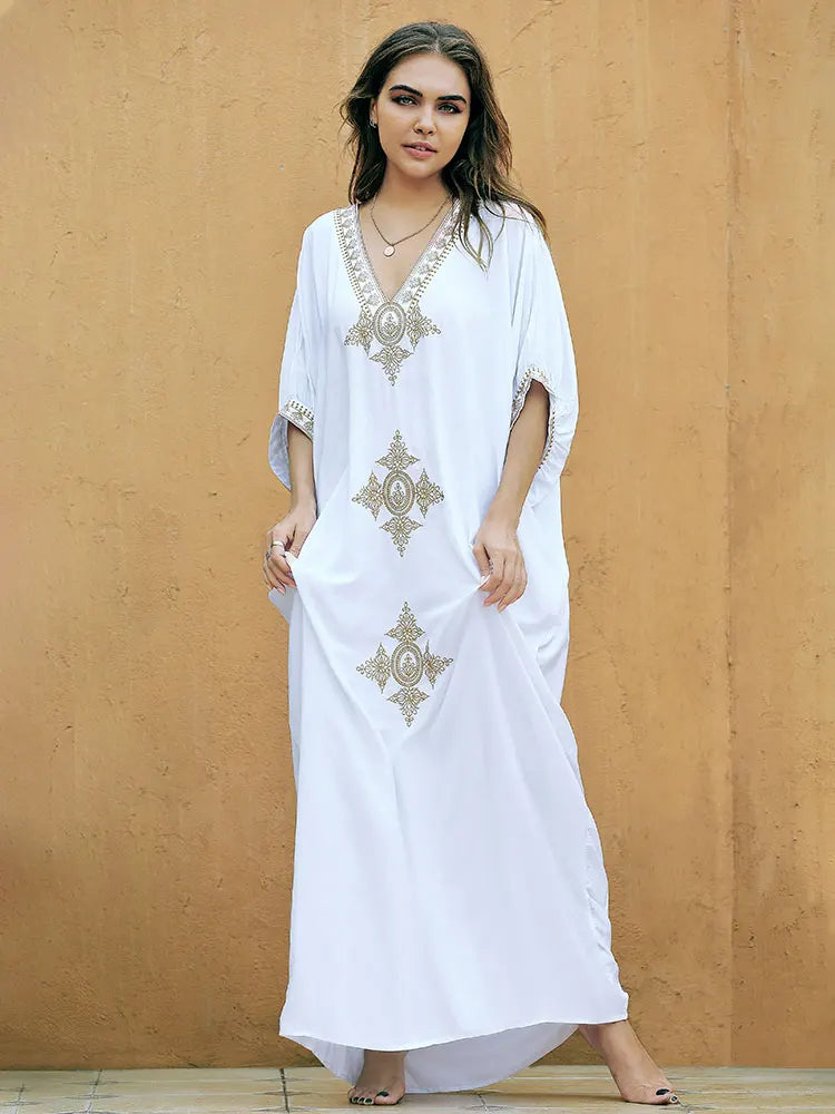 Boho Maxi Dress - Beach Dress, Kaftan Dress Vintage Embroidered in Liliana Navy
