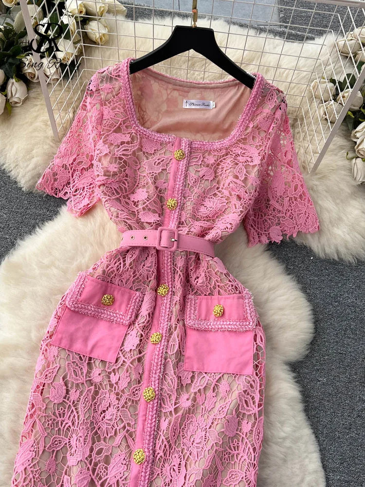 Vintage Boho Midi Dress - Pink Fusia | Embroidered Lace Bohemian Style Dress