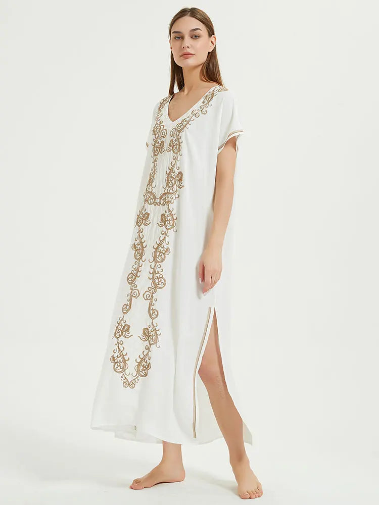Boho Maxi Dress - Beach Dress, Kaftan Dress Vintage Embroidered in Myla Blue and Black