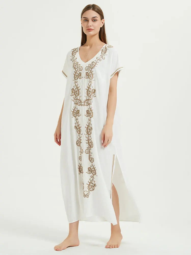Boho Maxi Dress - Beach Dress, Kaftan Dress Vintage Embroidered in Myla Blue and Black