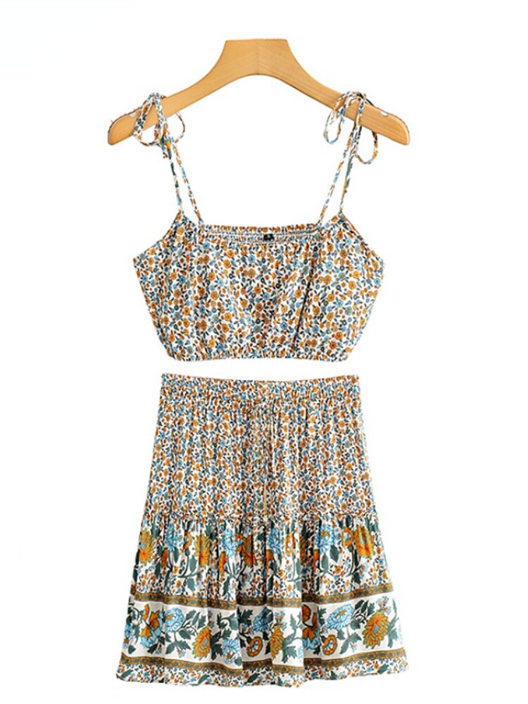 Boho Two Piece Set, Crop Top and Mini Skirt, Sierra Pansy in Red, Black and Green