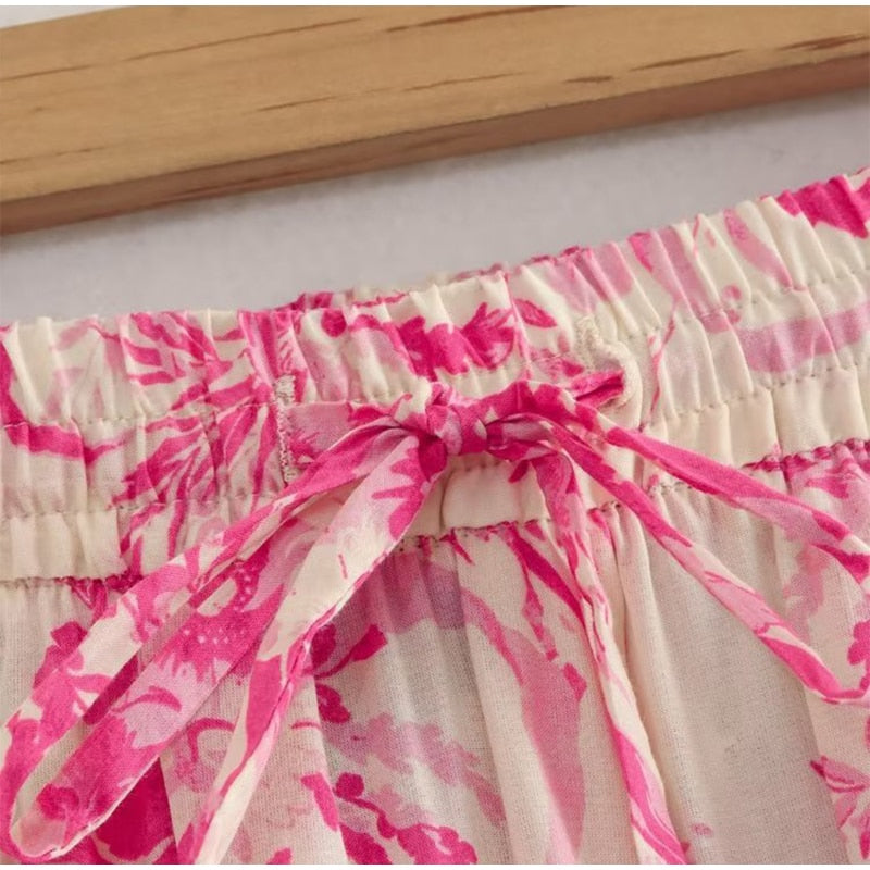 Boho Two Piece Set - Crop Top and Skirt for Summer Vacation Beach Vibes Pink Garden