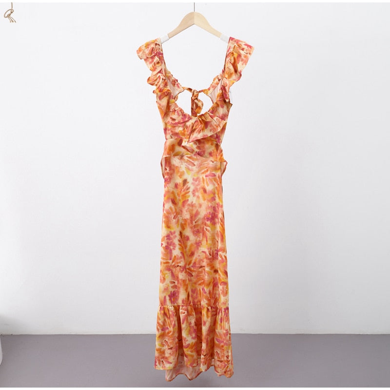 Boho Beach Dress - Ruffled Floral Dress for Your Summer Vacation Vibes - Tie Dye Orange Fall Leaf Delight