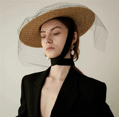 Boho Hat - Summer Hats, Sun Hat, Beach Hat - Wide Brim Straw Hat, Vintage Style with Long Ribbon Mesh Darcy