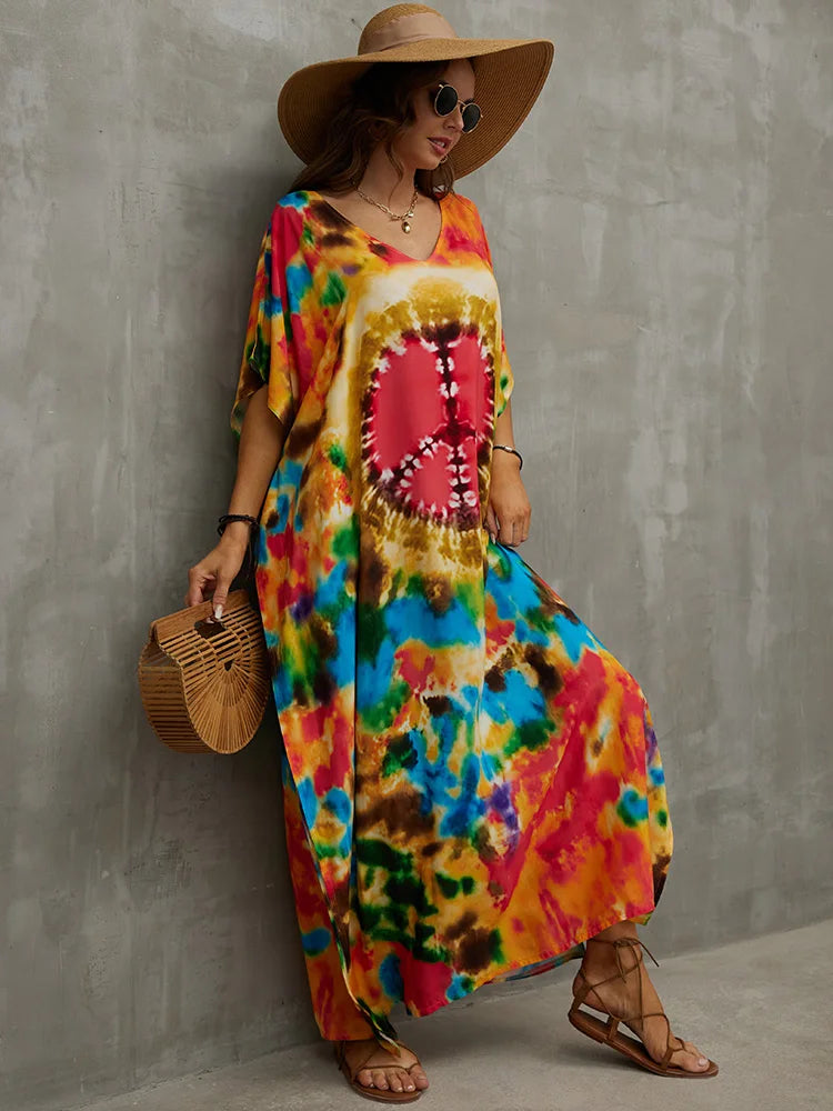 Boho Maxi Dress - Beach Dress, Kaftan Dress Tie dried Dream in Orange
