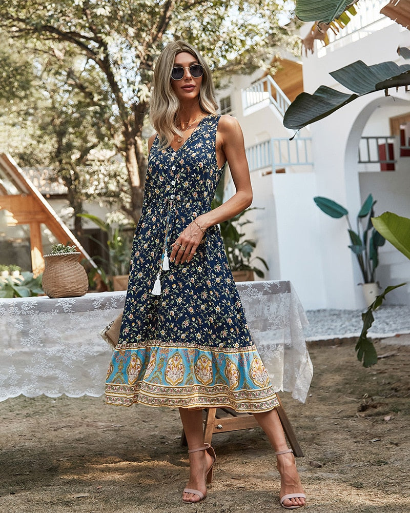 Boho Midi Dress, Sundress, Danielle  in Navy