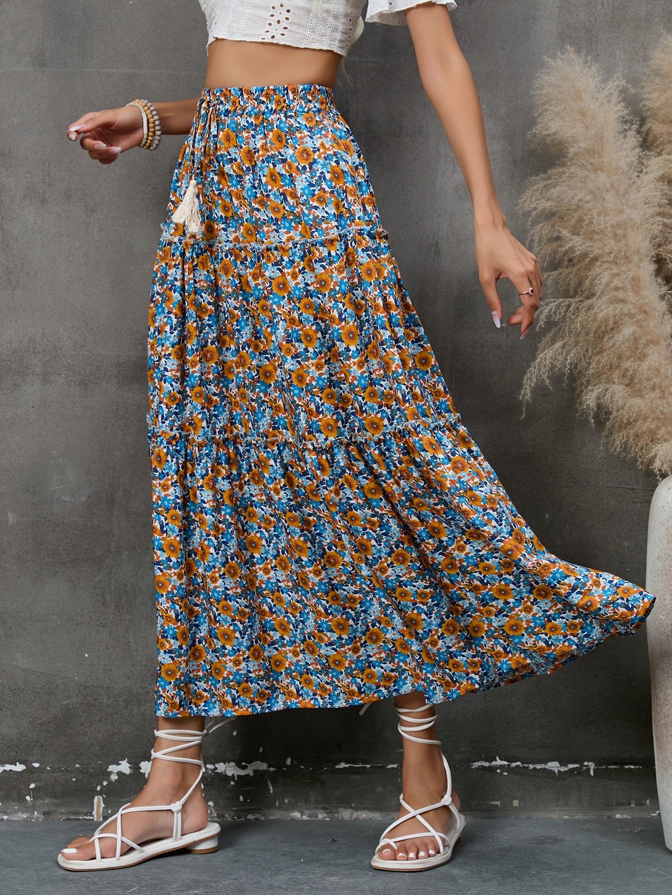 Boho Skirt, Hippie Skirts, Maxi Skirt, Flower Ruffle in Blue