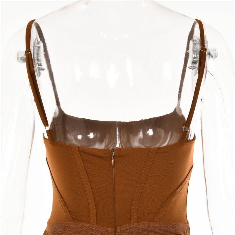 Boho Camis Dress, Party Bodycon Dress, Corset Ruched Maxi Dress, Claire in  Black and Brown