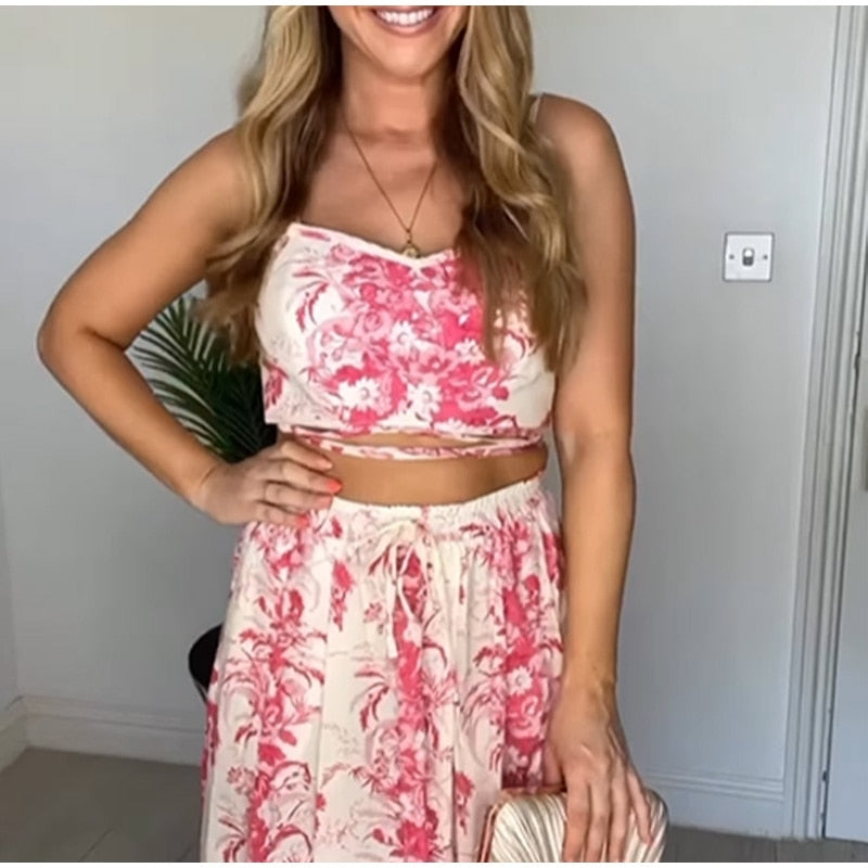 Boho Two Piece Set - Crop Top and Skirt for Summer Vacation Beach Vibes Pink Garden