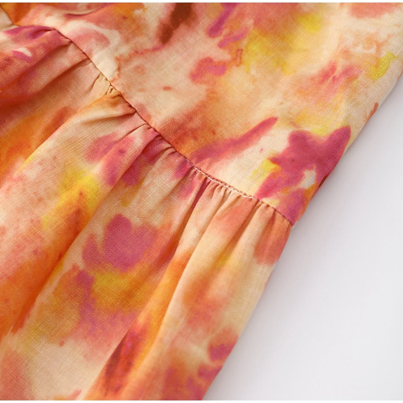 Boho Beach Dress - Ruffled Floral Dress for Your Summer Vacation Vibes - Tie Dye Orange Fall Leaf Delight