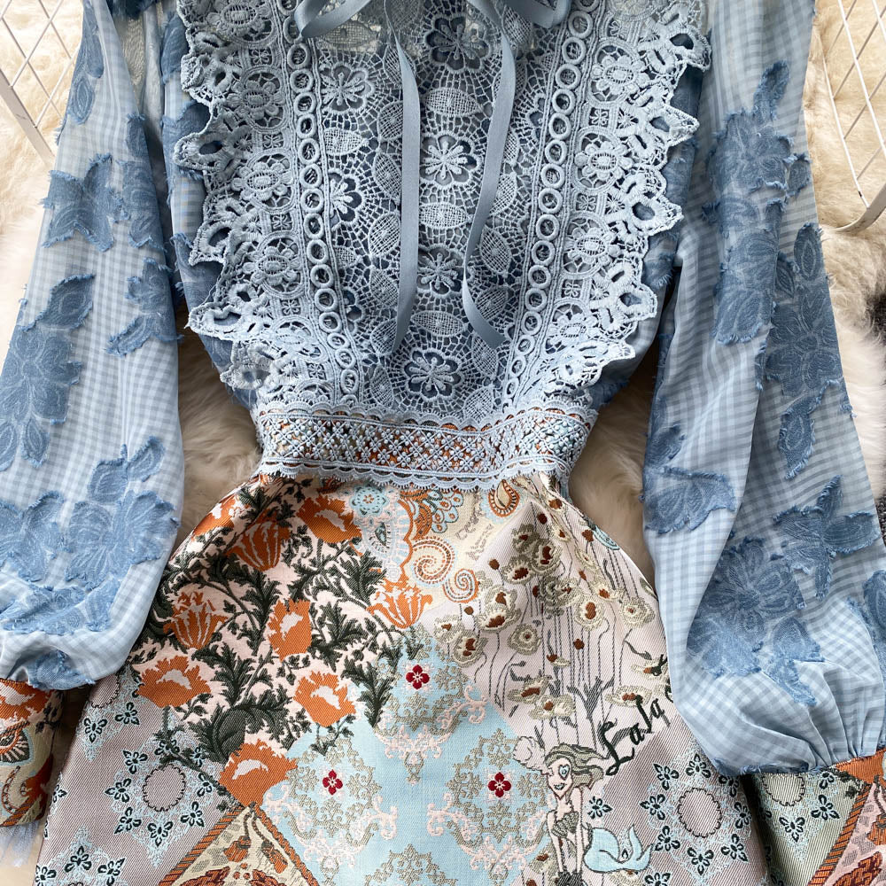 Midi Dress Boho Vintage - Embroidery French Style Dress - Lace Elegant Bow Alodia