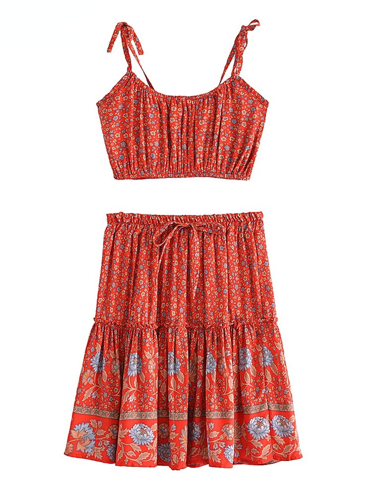 Boho Two Piece Set, Crop Top and Mini Skirt, Sierra Pansy in Red, Black and Green