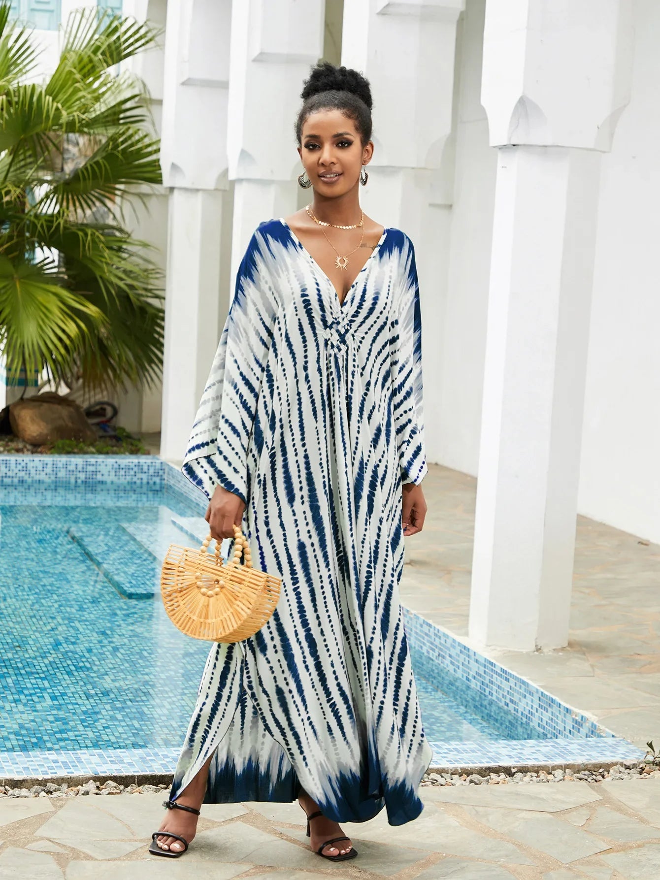 Boho Maxi Dress - Beach Dress, Kaftan Dress Vintage Embroidered in Danica Tie Dye Navy