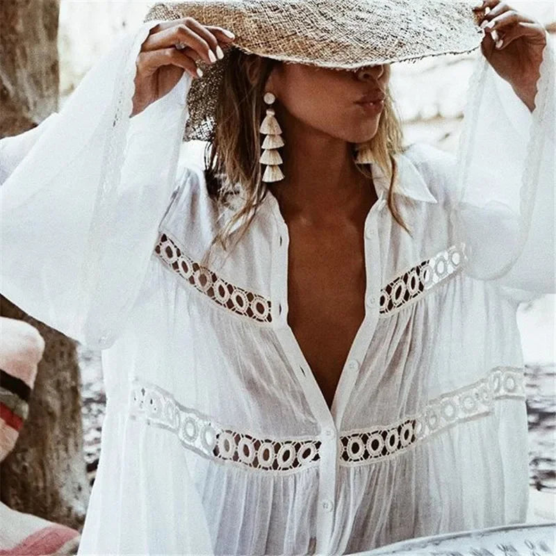 Boho Mini Dress - Beach Tunic - White Yuka
