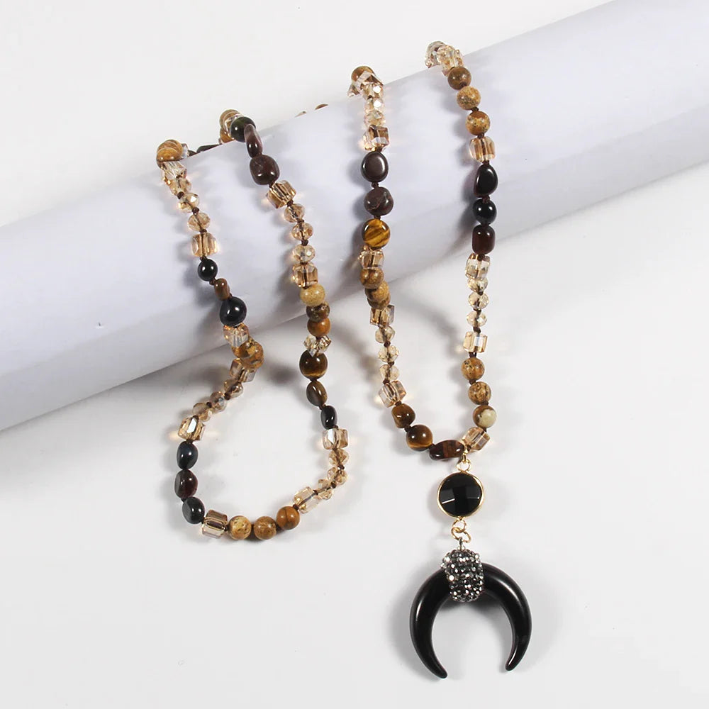 Boho Necklace - RH Precious Green Lava Blue Oval Stones