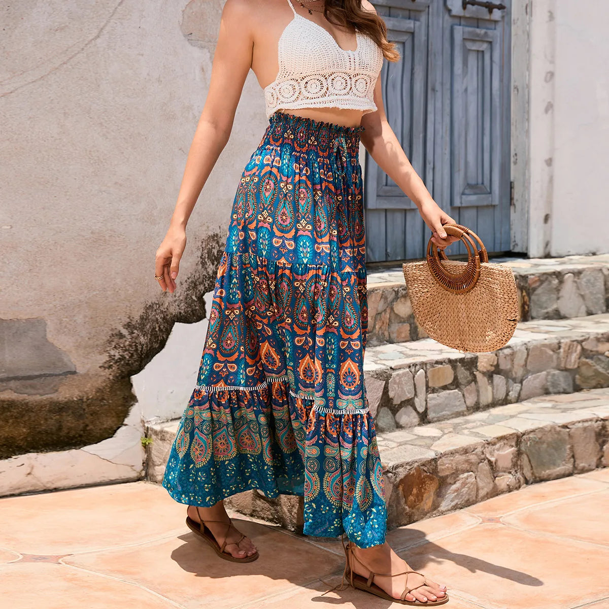Boho Maxi Skirt - Hippie Style in  Red Peacock