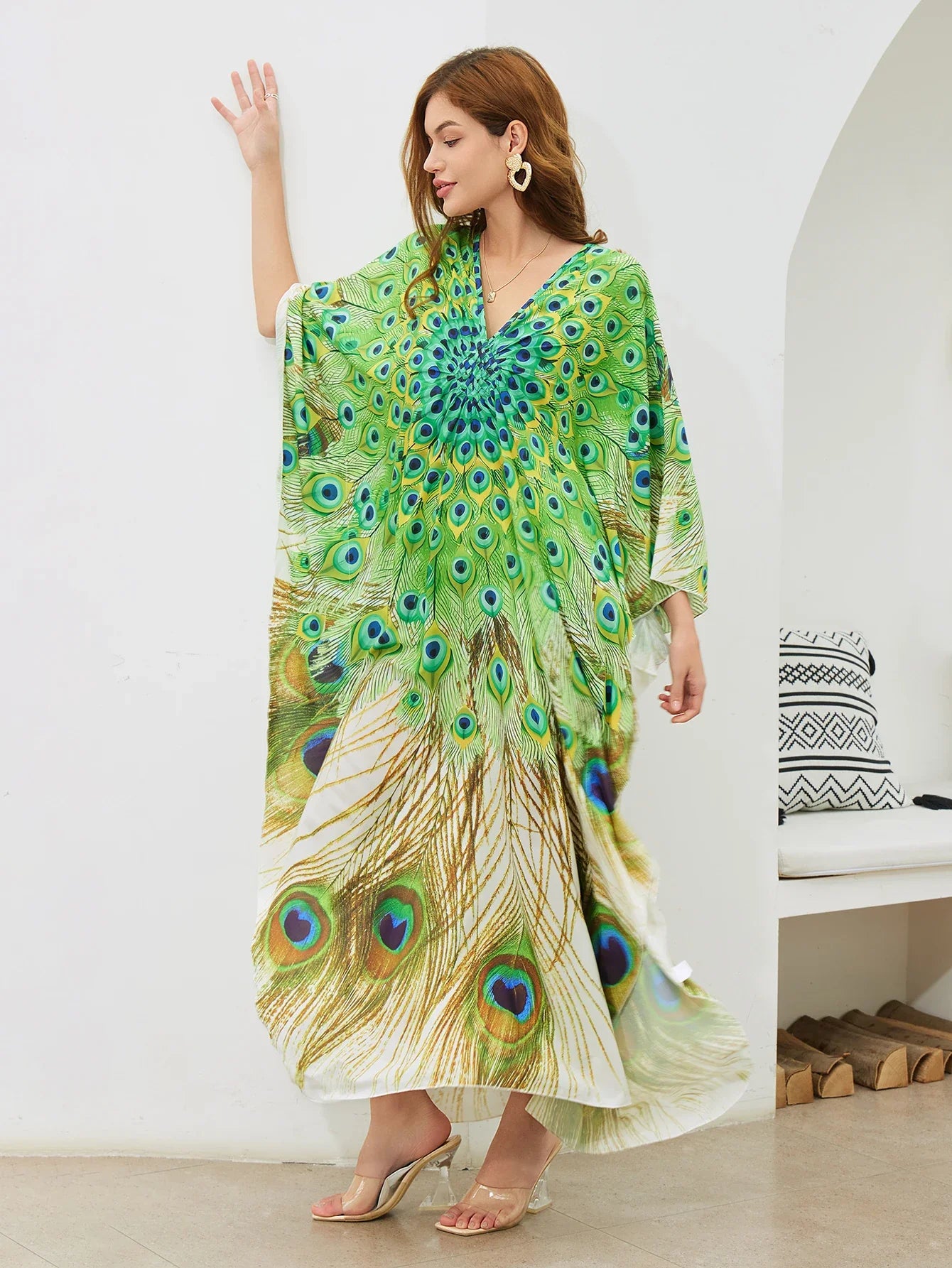 Boho Maxi Dress - Beach Dress, Kaftan Dress Vintage Embroidered in Danica Green Peacock