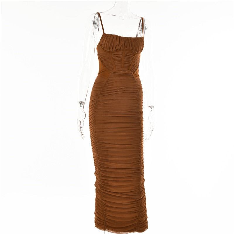 Boho Camis Dress, Party Bodycon Dress, Corset Ruched Maxi Dress, Claire in  Black and Brown